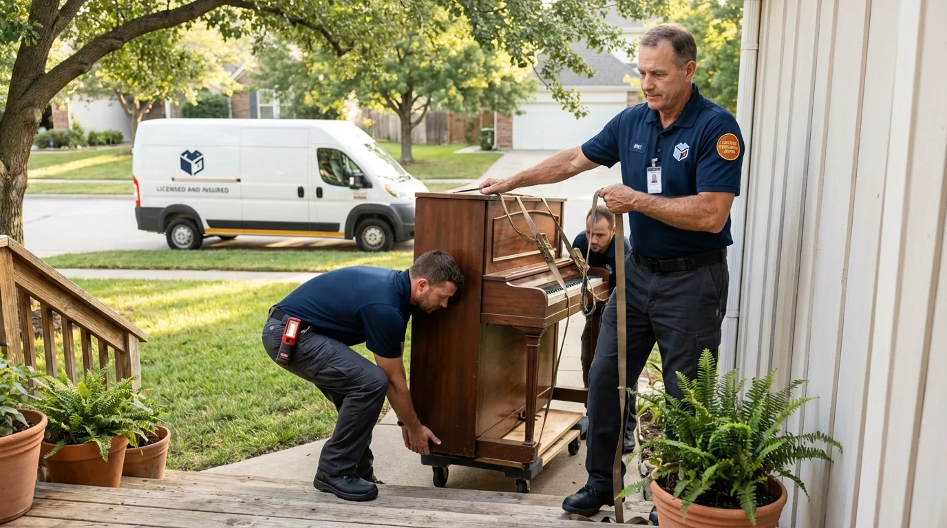 Licensed piano movers securing grand piano in Butler, NJ