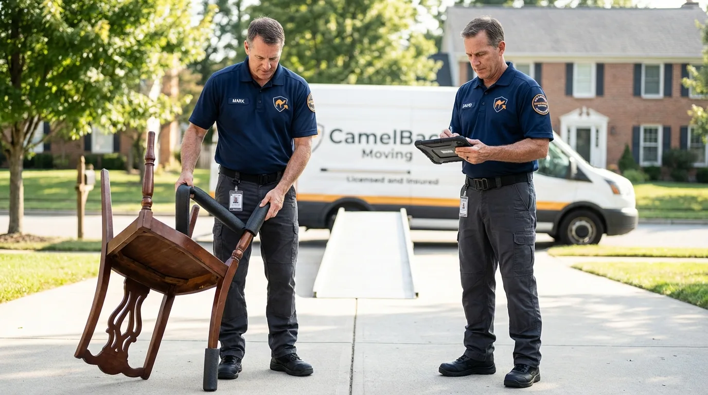 Movers inspecting furniture for damage prevention before loading in Butler, NJ