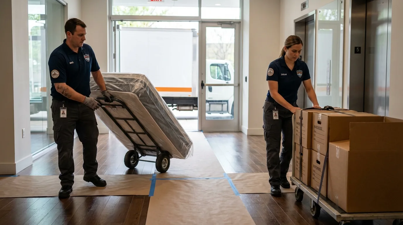 Professional apartment movers loading elevator in Butler, NJ