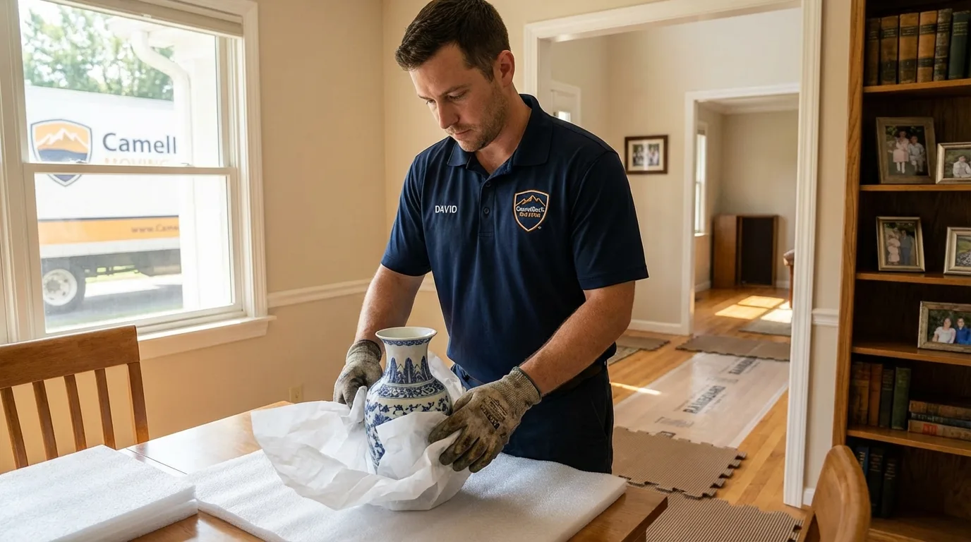 Professional crew carefully wrapping antique vase for senior downsizing move in Butler, NJ